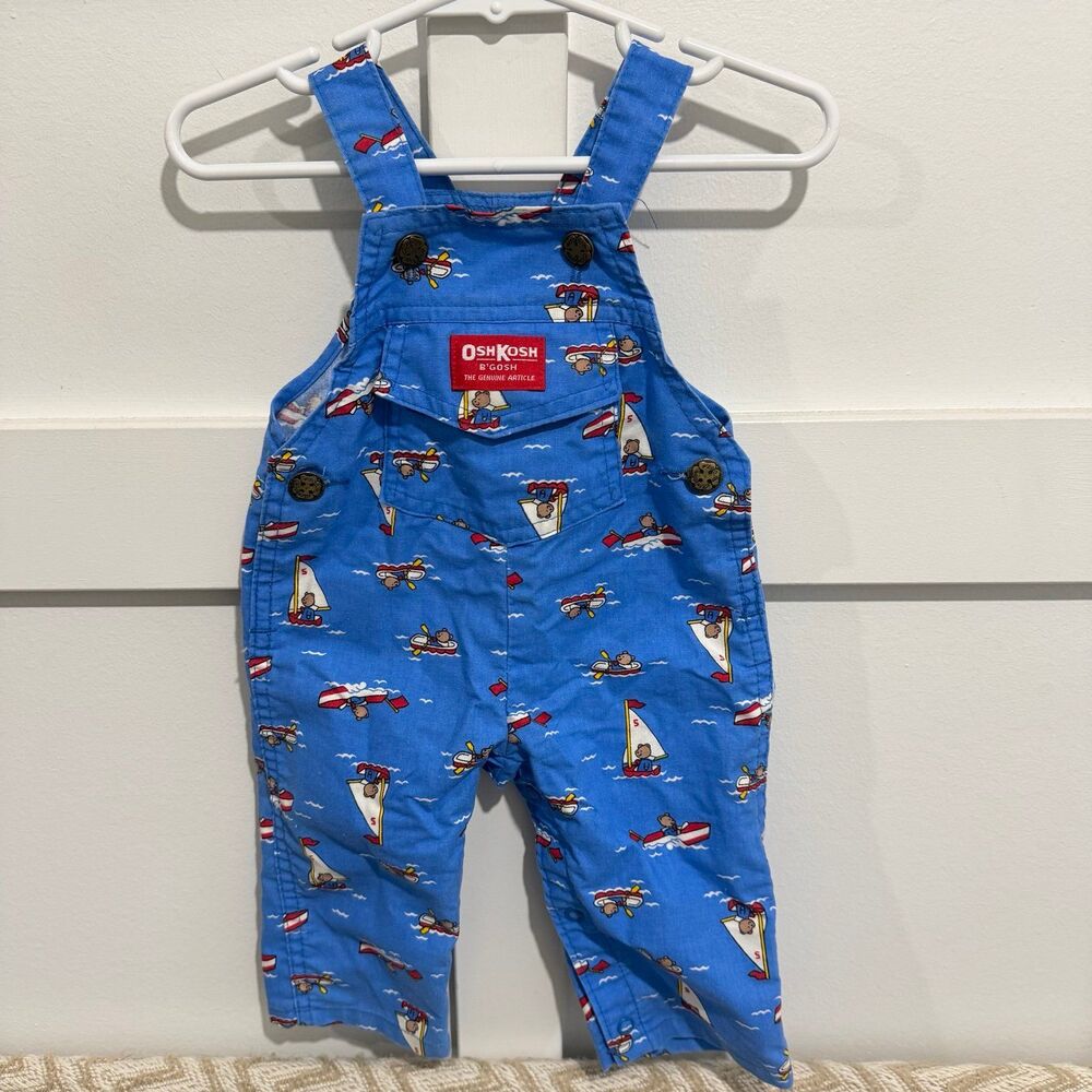 Vintage OshKosh B'gosh Blue Sailboat Nautical Teddy Bears Bib Overalls